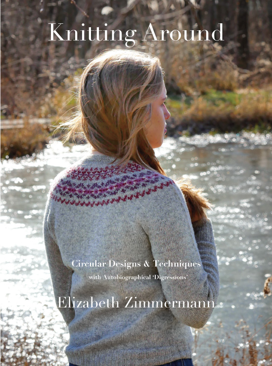 image of a woman from behind wearing a gray fair isle yoke in purple and pink motifs and 