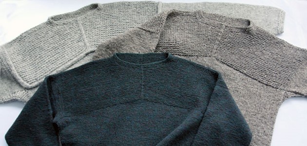 three New Zealand sweaters, handknit in green, sheepsgray, and brown in different weight wools