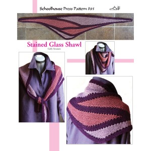 Cover of SPP85 Stained Glass Shawl showing three different ways to wear, tied, gathered at front, and traditional across the back